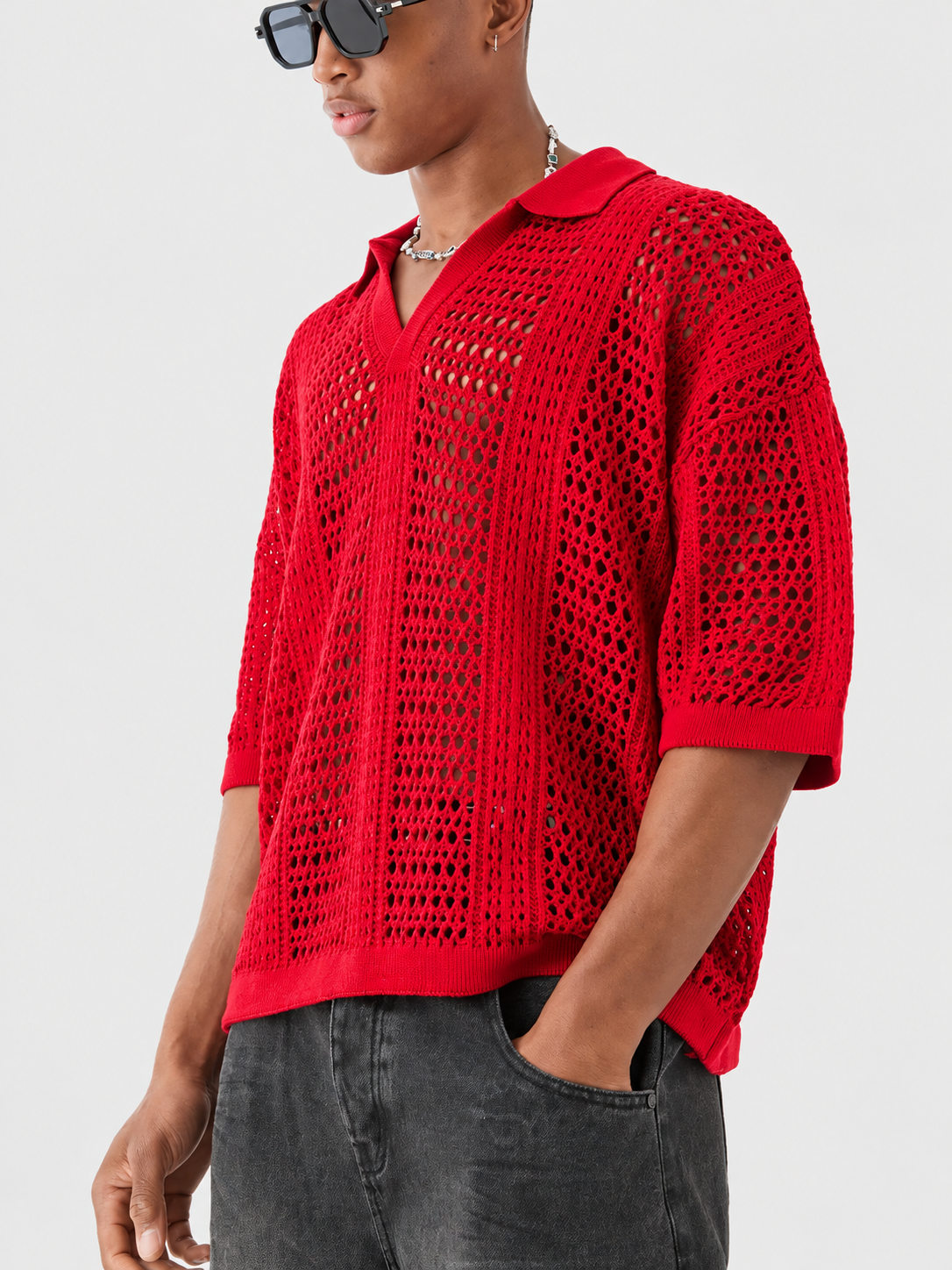 Poloshirt i åben gitterstrik