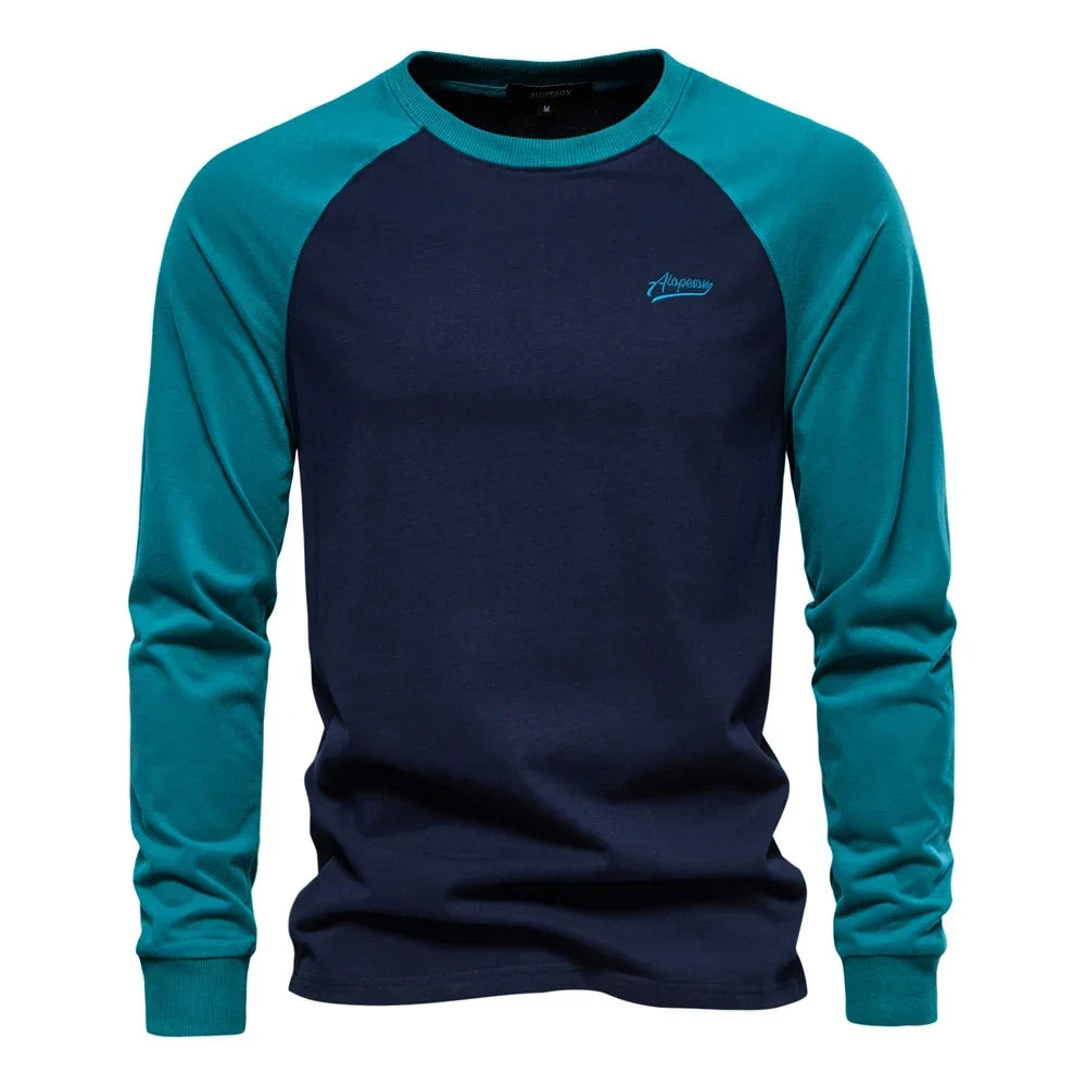 Gio Rota T-shirt til mænd med lange ærmer og patchwork - afslappet bomulds-T-shirt med rund hals