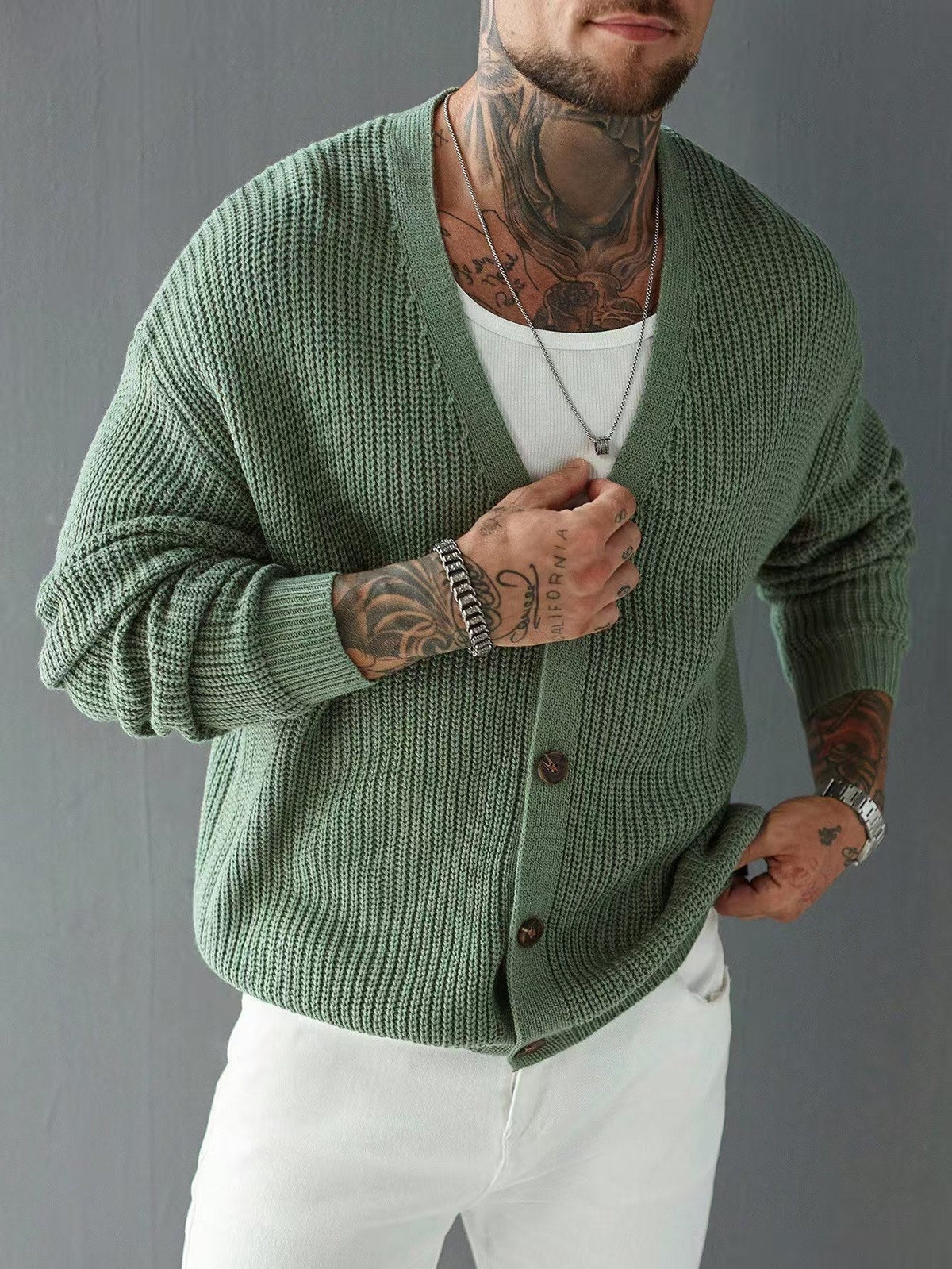 Chunky Ribbed V Neck Button Cardigan