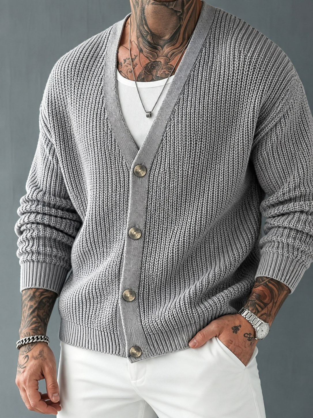 Chunky Ribbed V Neck Button Cardigan