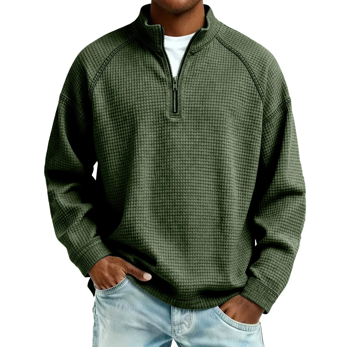Herren-Pullover aus Waffelstrick mit Viertelreißverschluss, lockere Passform, lässiges Oberteil