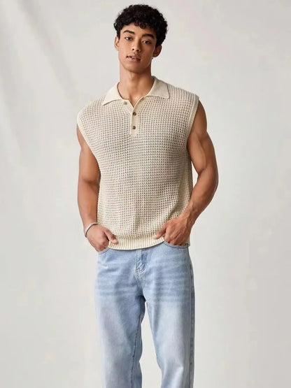Ärmelloses Herren-Poloshirt aus Strick mit Pointelle-Durchbruchmuster, Schwarz