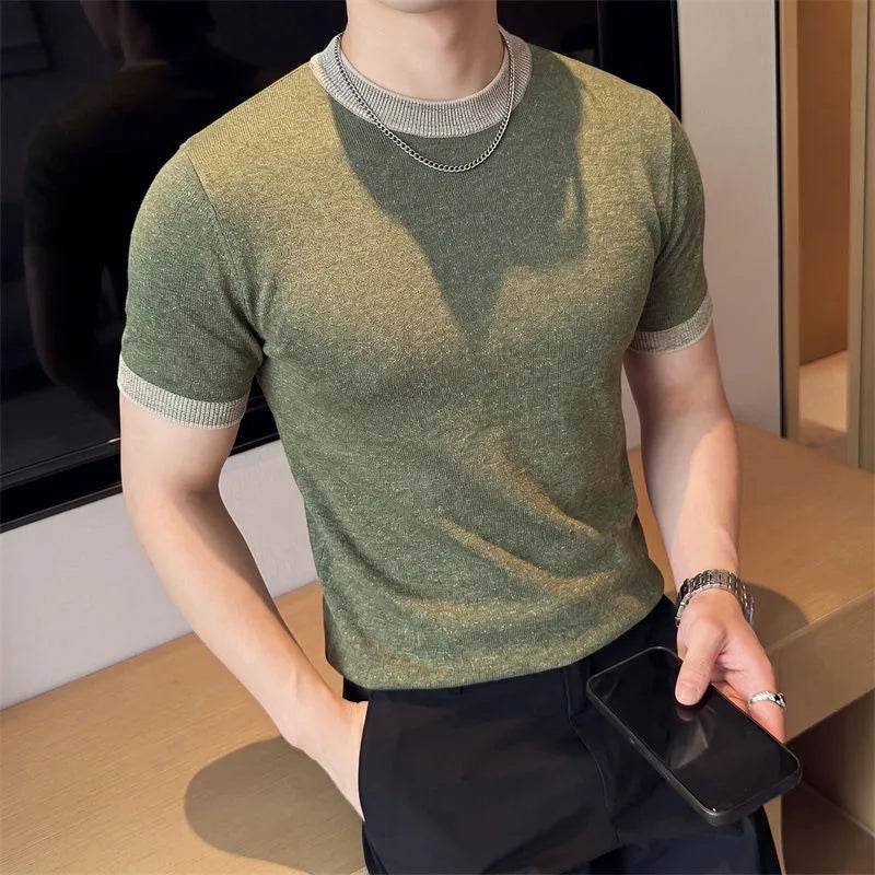 T-shirt de malha para homem, de liocel e linho, com gola redonda e respirável
