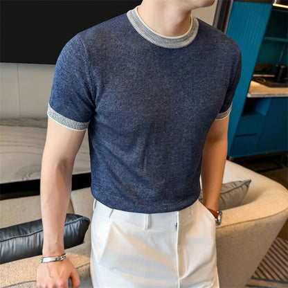 T-shirt de malha para homem, de liocel e linho, com gola redonda e respirável