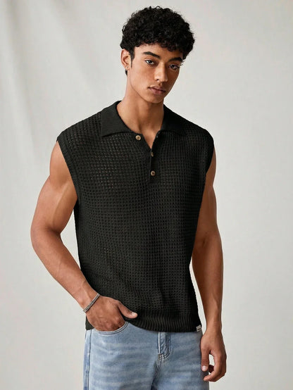 Ärmelloses Herren-Poloshirt aus Strick mit Pointelle-Durchbruchmuster, Schwarz