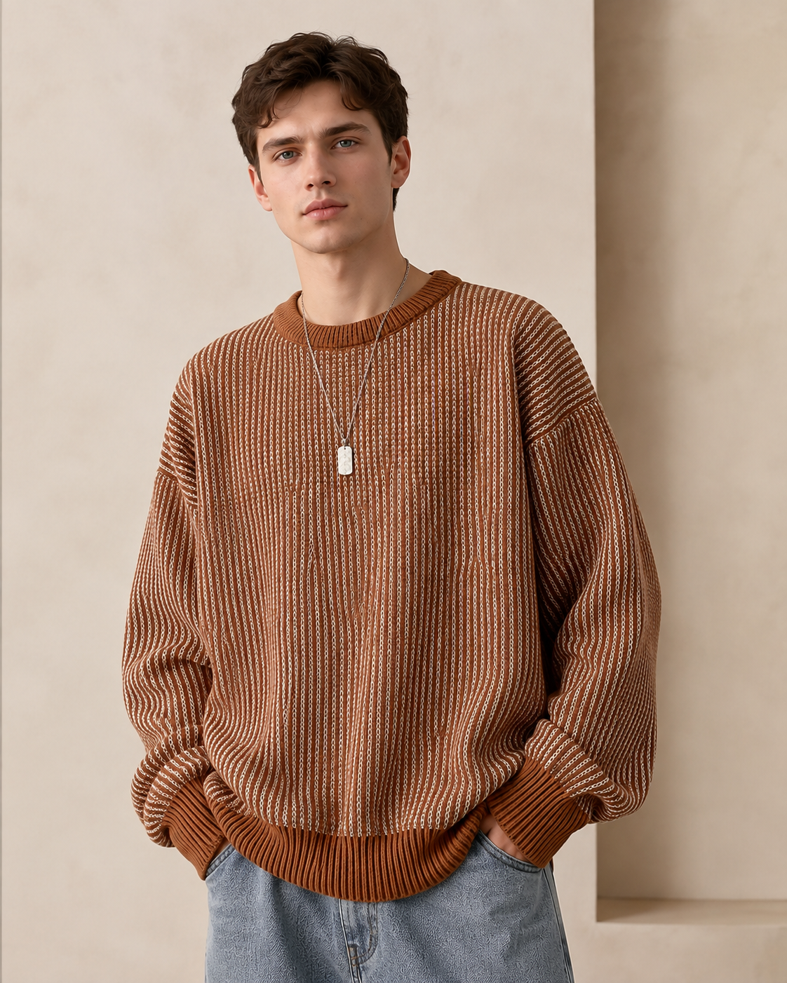 Maglione girocollo a righe con texture
