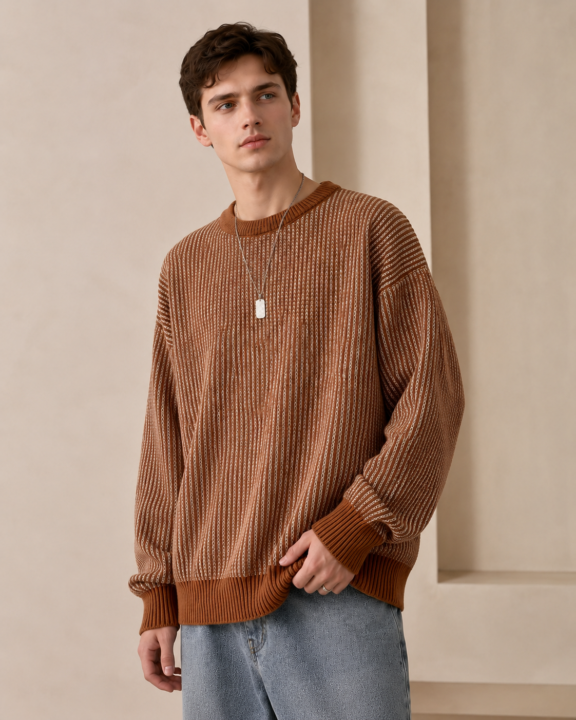 Maglione girocollo a righe con texture