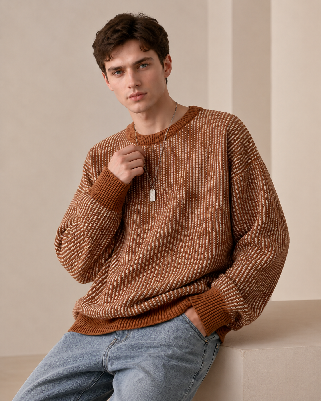 Maglione girocollo a righe con texture