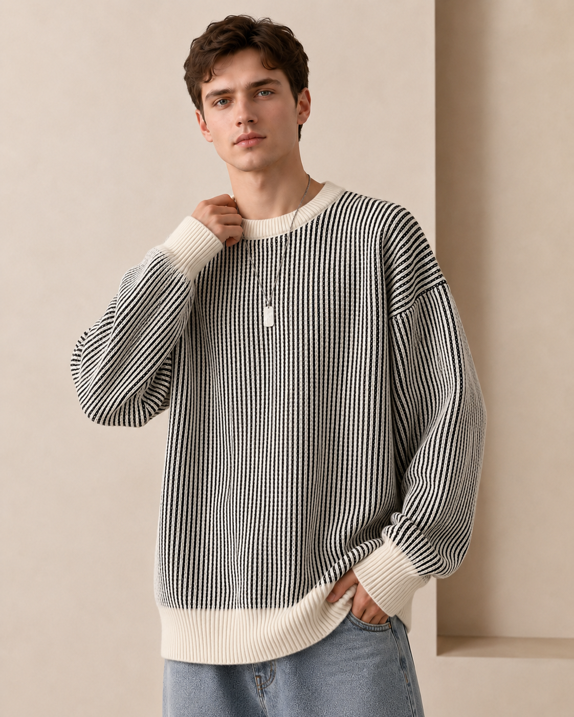 Maglione girocollo a righe con texture