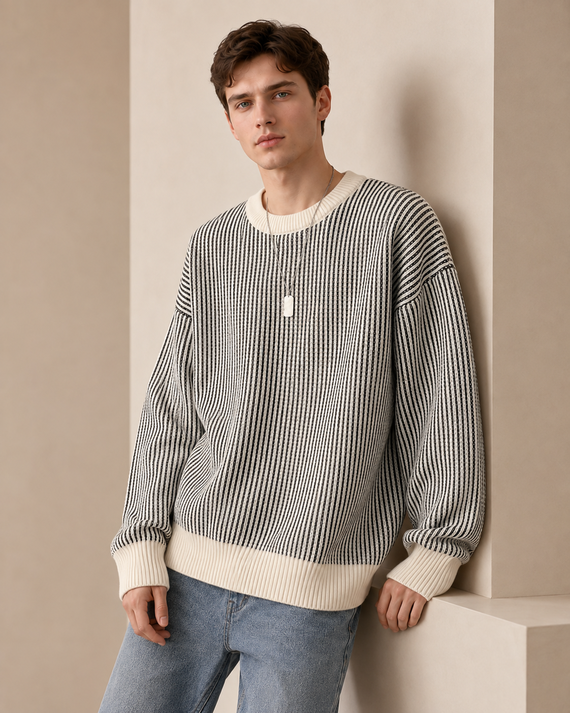 Maglione girocollo a righe con texture