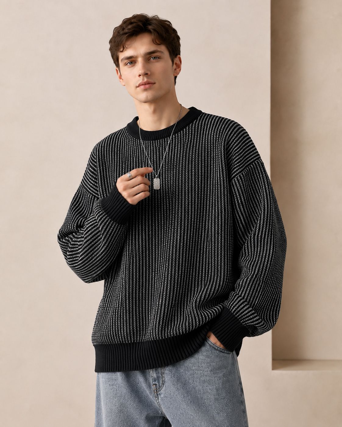 Maglione girocollo a righe con texture