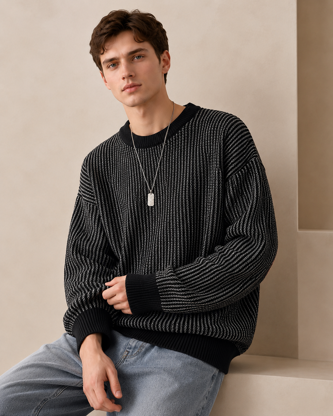 Maglione girocollo a righe con texture
