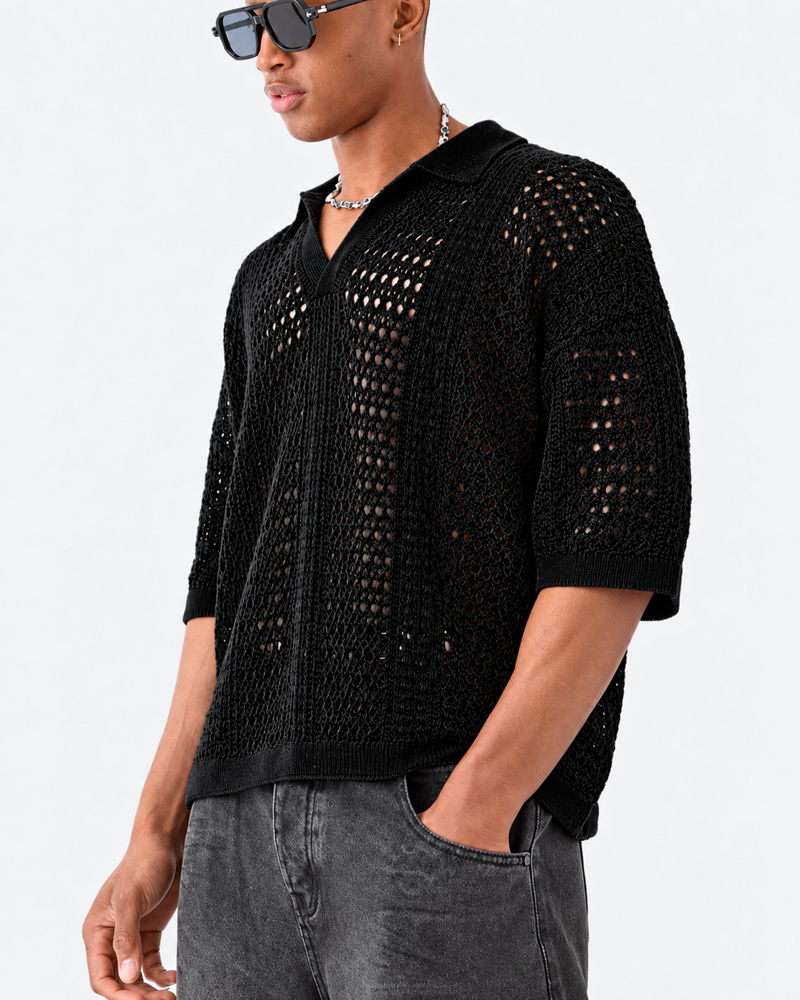 Poloshirt i åben gitterstrik