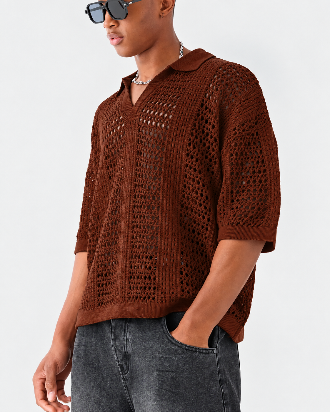 Poloshirt i åben gitterstrik