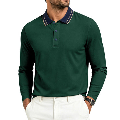 Polo da uomo a maniche lunghe in piqué con colletto a contrasto