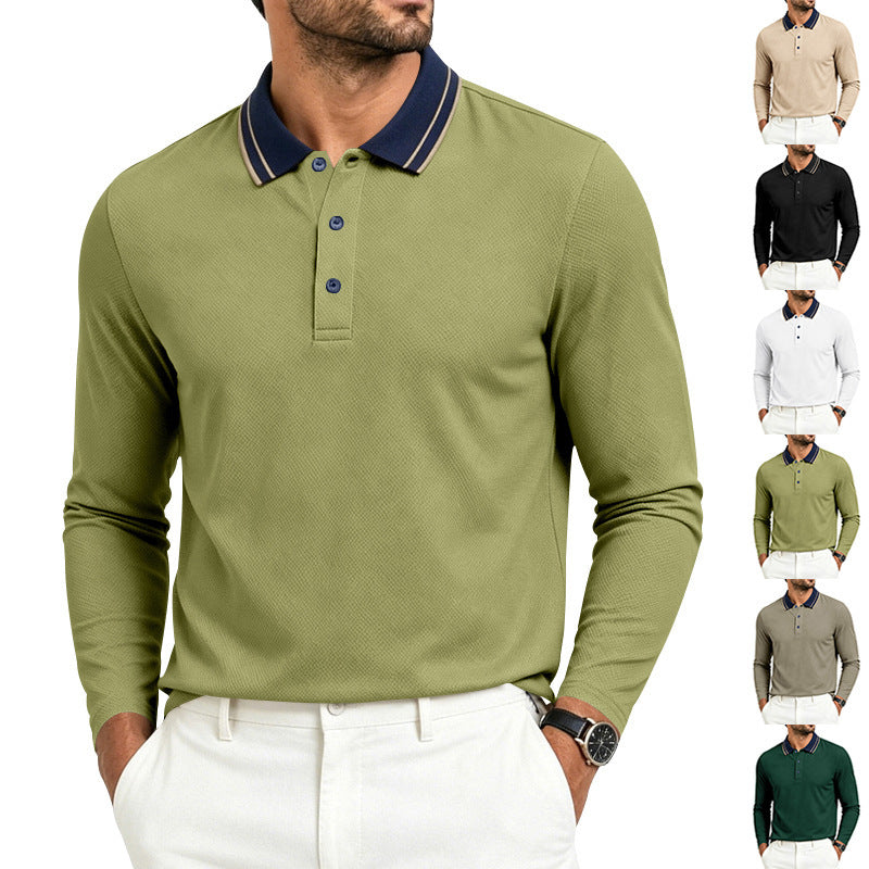Polo da uomo a maniche lunghe in piqué con colletto a contrasto