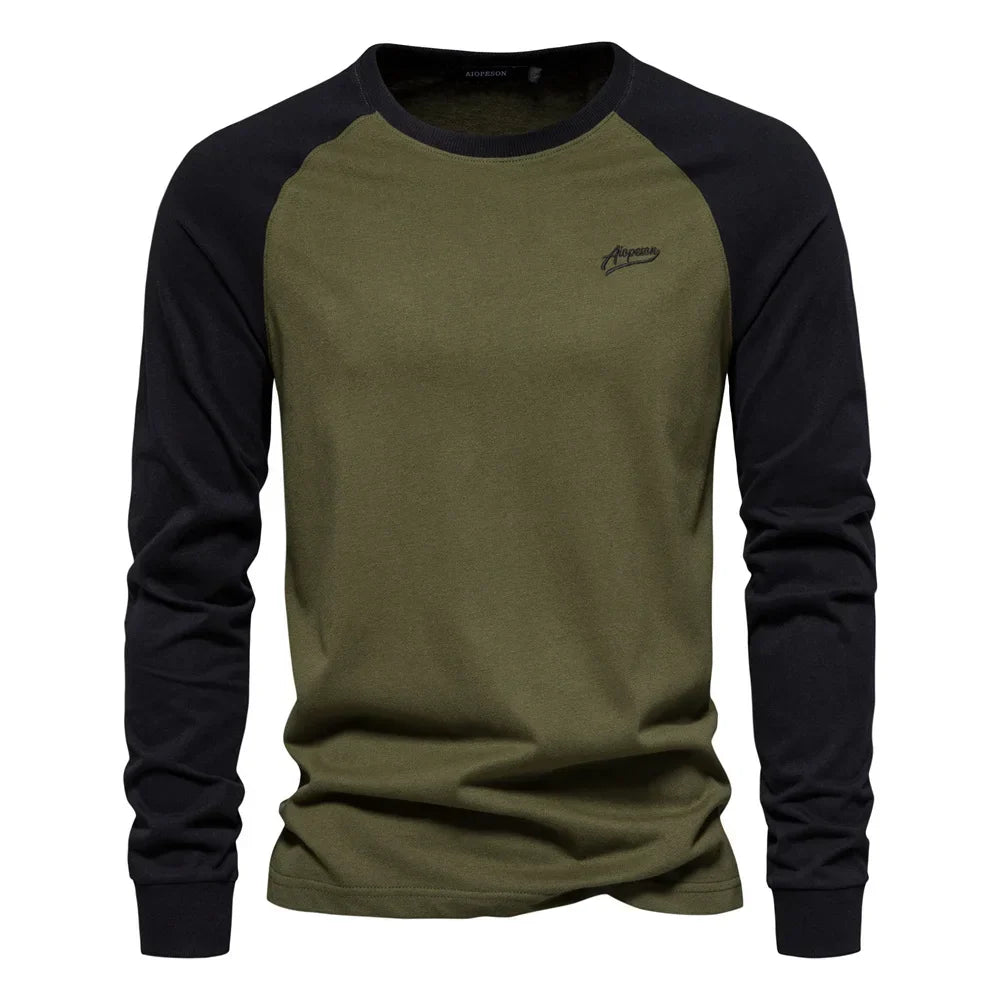 Gio Rota T-shirt til mænd med lange ærmer og patchwork - afslappet bomulds-T-shirt med rund hals