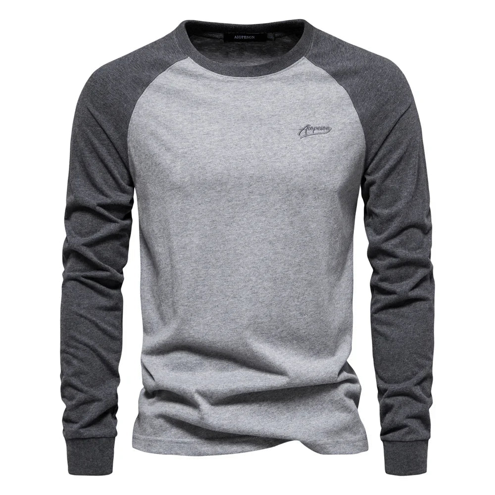 Gio Rota T-shirt til mænd med lange ærmer og patchwork - afslappet bomulds-T-shirt med rund hals