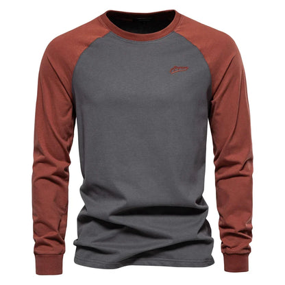 Gio Rota T-shirt til mænd med lange ærmer og patchwork - afslappet bomulds-T-shirt med rund hals