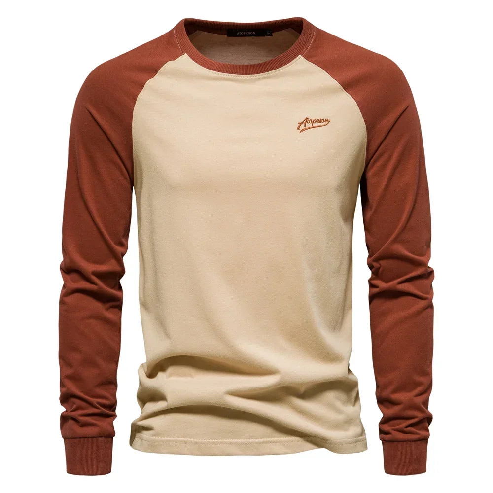 Gio Rota T-shirt til mænd med lange ærmer og patchwork - afslappet bomulds-T-shirt med rund hals