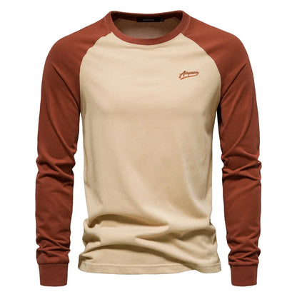 Gio Rota T-shirt til mænd med lange ærmer og patchwork - afslappet bomulds-T-shirt med rund hals