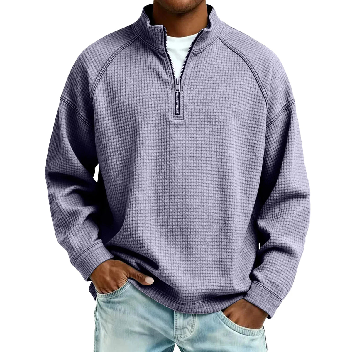 Herren-Pullover aus Waffelstrick mit Viertelreißverschluss, lockere Passform, lässiges Oberteil