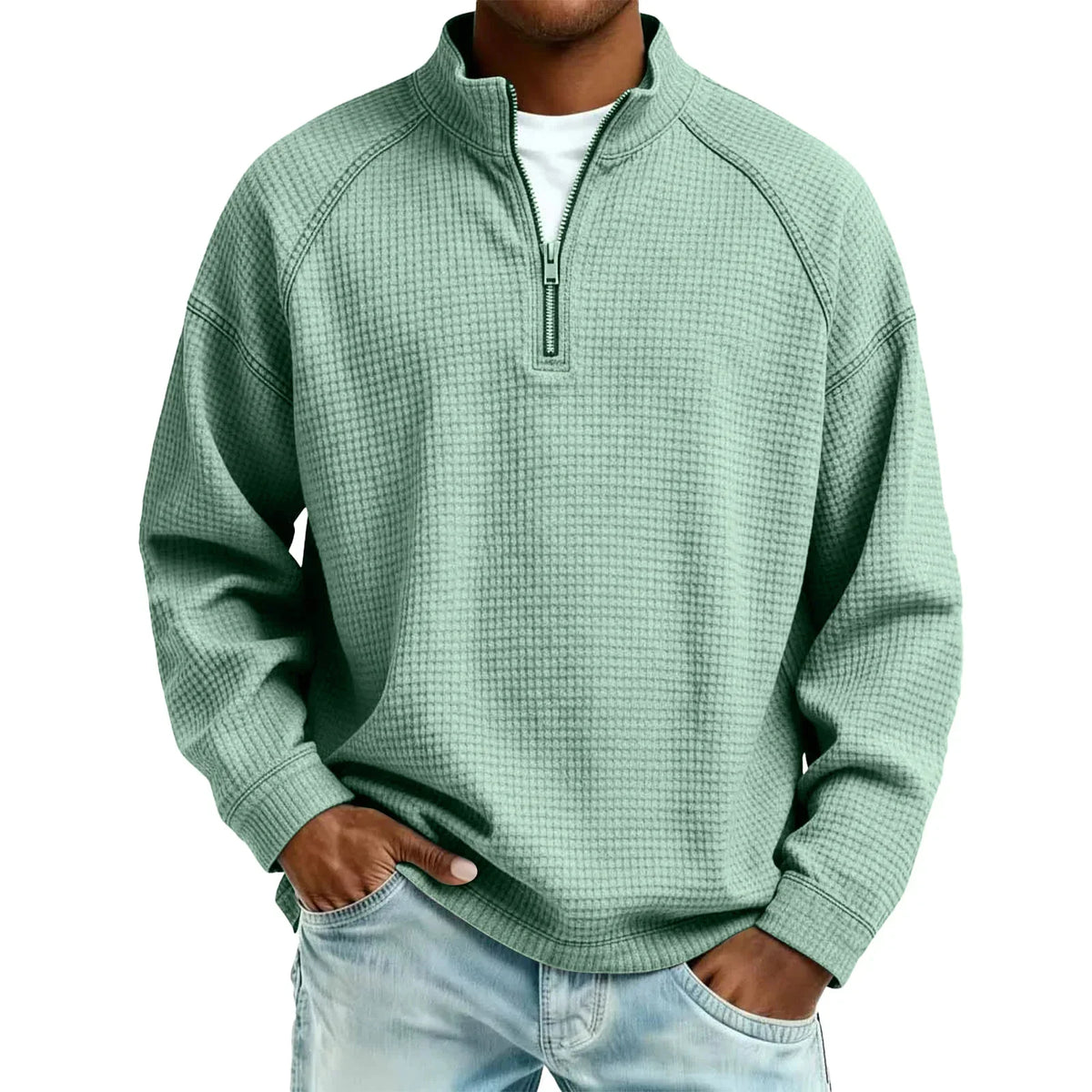 Herren-Pullover aus Waffelstrick mit Viertelreißverschluss, lockere Passform, lässiges Oberteil