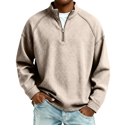 Herren-Pullover aus Waffelstrick mit Viertelreißverschluss, lockere Passform, lässiges Oberteil