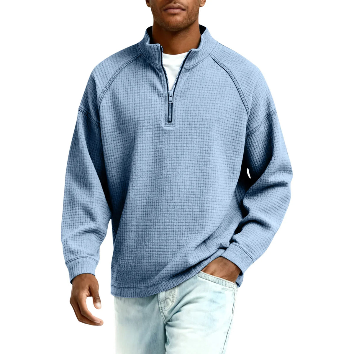 Herren-Pullover aus Waffelstrick mit Viertelreißverschluss, lockere Passform, lässiges Oberteil