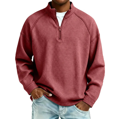Herren-Pullover aus Waffelstrick mit Viertelreißverschluss, lockere Passform, lässiges Oberteil