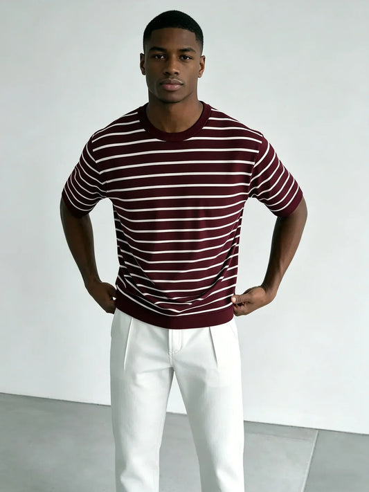Stribet strik-T-shirt til mænd med rund hals, bordeaux