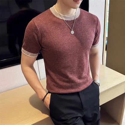 T-shirt de malha para homem, de liocel e linho, com gola redonda e respirável