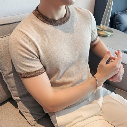 T-shirt de malha para homem, de liocel e linho, com gola redonda e respirável