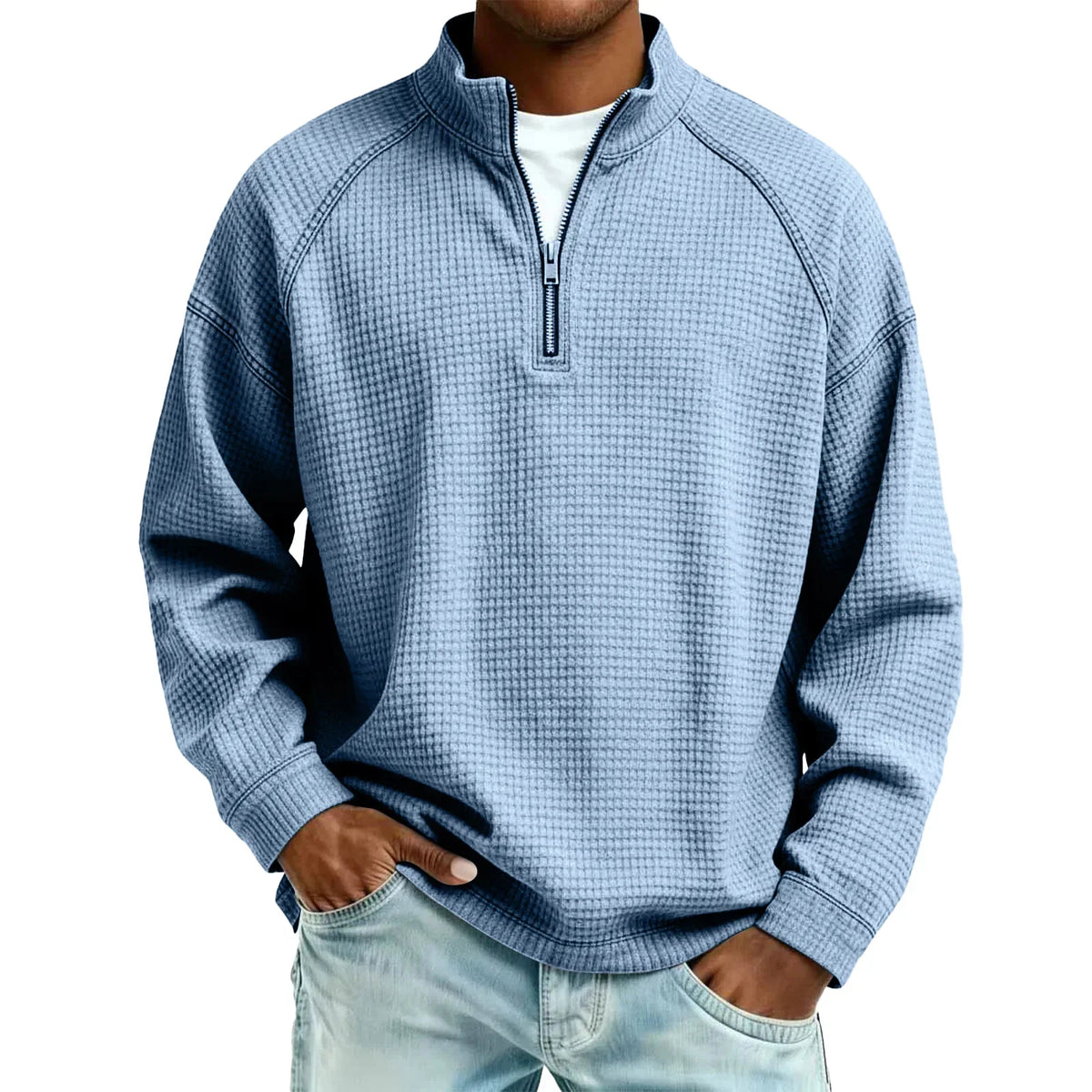 Herren-Pullover aus Waffelstrick mit Viertelreißverschluss, lockere Passform, lässiges Oberteil