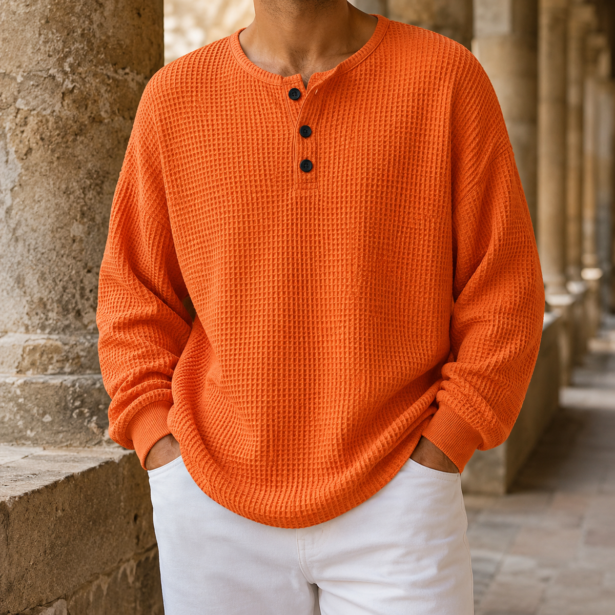 Waffle Knit Henley Sweater Relaxed Fit