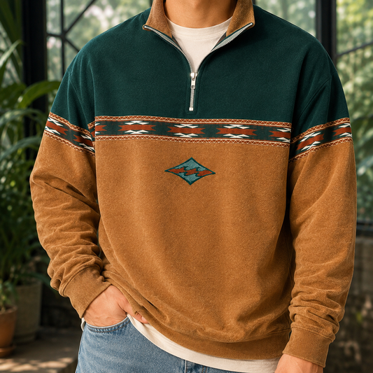 Pletený sveter so zapínaním na štvrtinový zips a geometrickými pruhmi na hrudi