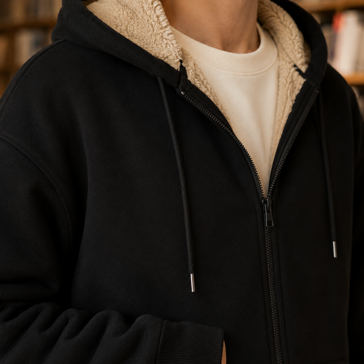 Hoodie med fuld lynlås og sherpafoer