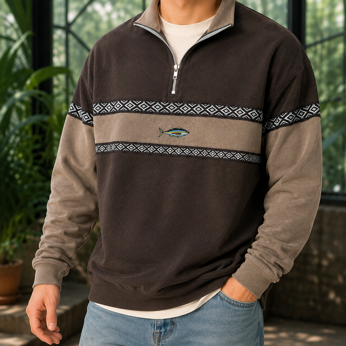 Quarter Zip Knit Sweater With Geometric Chest Bands